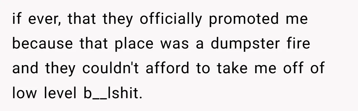 if ever, that they officially promoted me because that place was a dumpster fire and they couldn't afford to take me off of low level b__lshit.