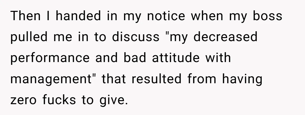 Then I handed in my notice when my boss pulled me in to discuss "my decreased performance and bad attitude with management" that resulted from having zero fucks to give.