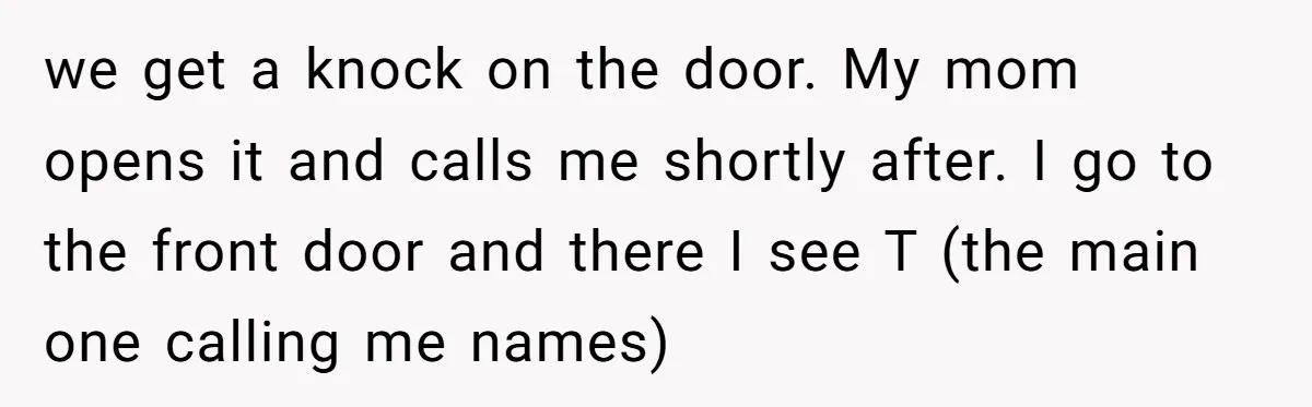 we get a knock on the door. My mom opens it and calls me shortly after. I go to the front door and there I see T (the main one...