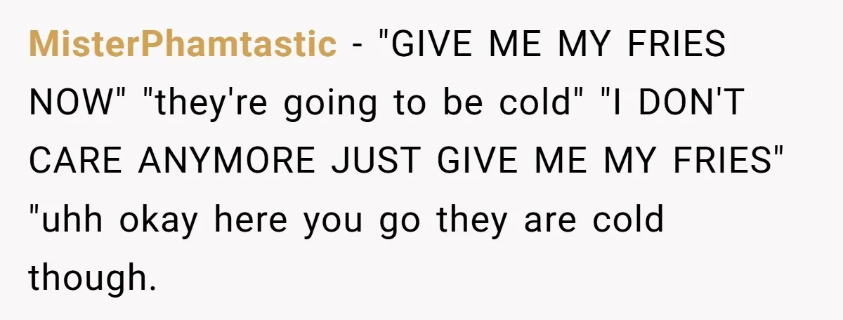 MisterPhamtastic − "GIVE ME MY FRIES NOW" "they're going to be cold" "I DON'T CARE ANYMORE JUST GIVE ME MY FRIES" "uhh okay here you go they are cold though.
