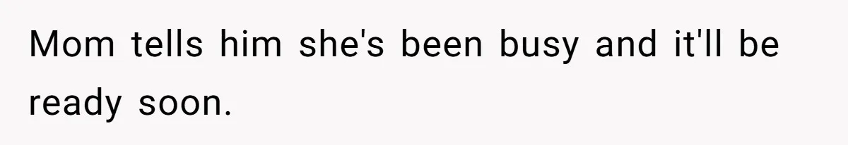Mom tells him she's been busy and it'll be ready soon.