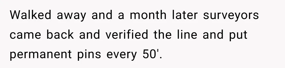 Walked away and a month later surveyors came back and verified the line and put permanent pins every 50'.