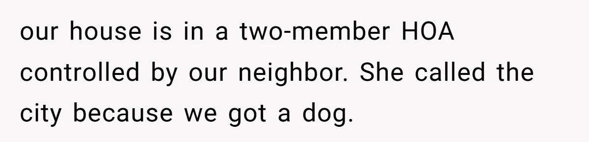 our house is in a two-member HOA controlled by our neighbor. She called the city because we got a dog.