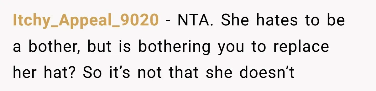 Itchy_Appeal_9020 - NTA. She hates to be a bother, but is bothering you to replace her hat? So it’s not that she doesn’t