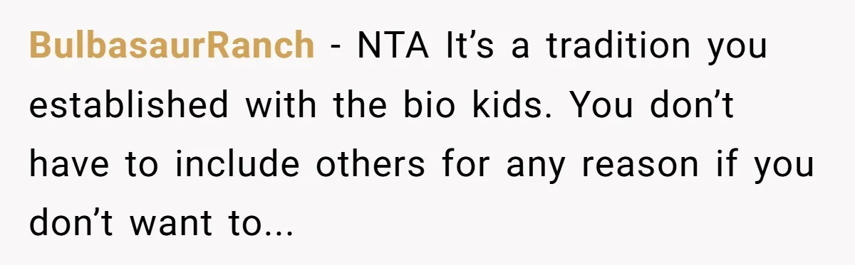 BulbasaurRanch - NTA It’s a tradition you established with the bio kids. You don’t have to include others for any reason if you don’t want to...