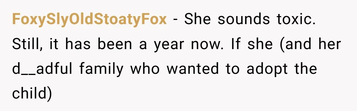 FoxySlyOldStoatyFox − She sounds toxic. Still, it has been a year now. If she (and her d__adful family who wanted to adopt the child)