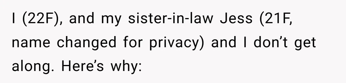 I (22F), and my sister-in-law Jess (21F, name changed for privacy) and I don’t get along. Here’s why: