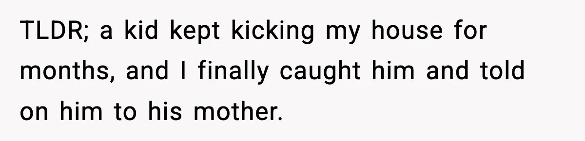TLDR; a kid kept kicking my house for months, and I finally caught him and told on him to his mother.