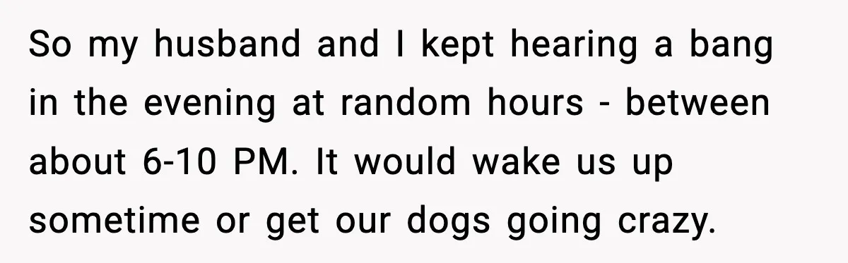 So my husband and I kept hearing a bang in the evening at random hours - between about 6-10 PM. It would wake us up sometime or get our dogs...