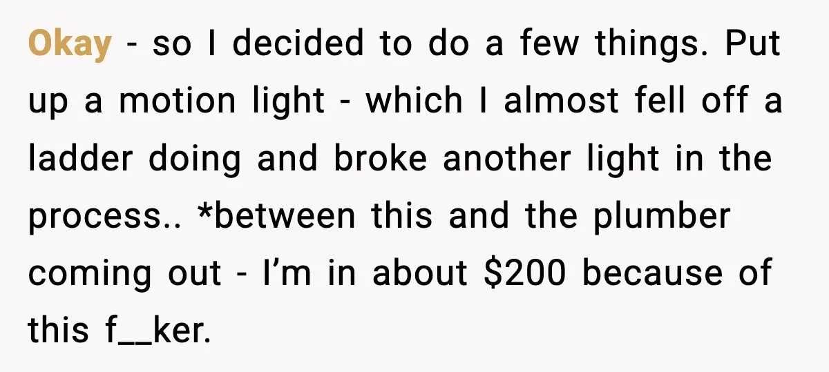Okay - so I decided to do a few things. Put up a motion light - which I almost fell off a ladder doing and broke another light in the...