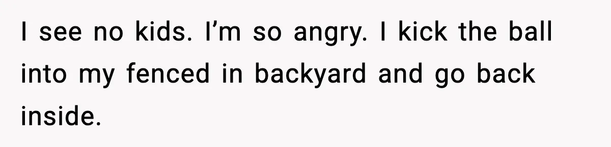 I see no kids. I’m so angry. I kick the ball into my fenced in backyard and go back inside.