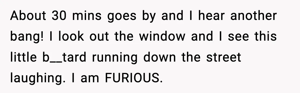 About 30 mins goes by and I hear another bang! I look out the window and I see this little b__tard running down the street laughing. I am FURIOUS.