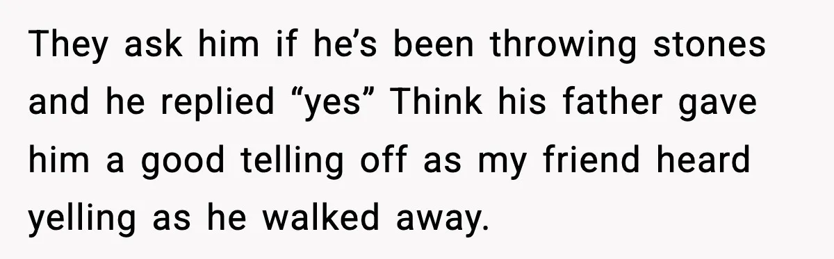 They ask him if he’s been throwing stones and he replied “yes” Think his father gave him a good telling off as my friend heard yelling as he walked away.