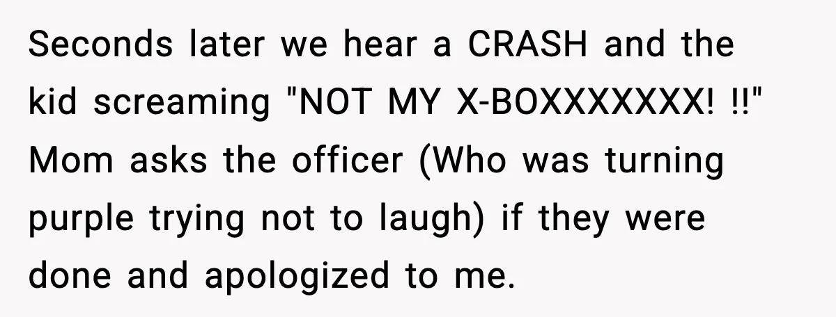 Seconds later we hear a CRASH and the kid screaming "NOT MY X-BOXXXXXXX! !!" Mom asks the officer (Who was turning purple trying not to laugh) if they were done...