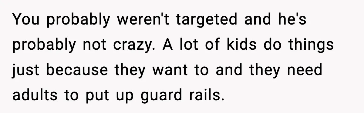 You probably weren't targeted and he's probably not crazy. A lot of kids do things just because they want to and they need adults to put up guard rails.