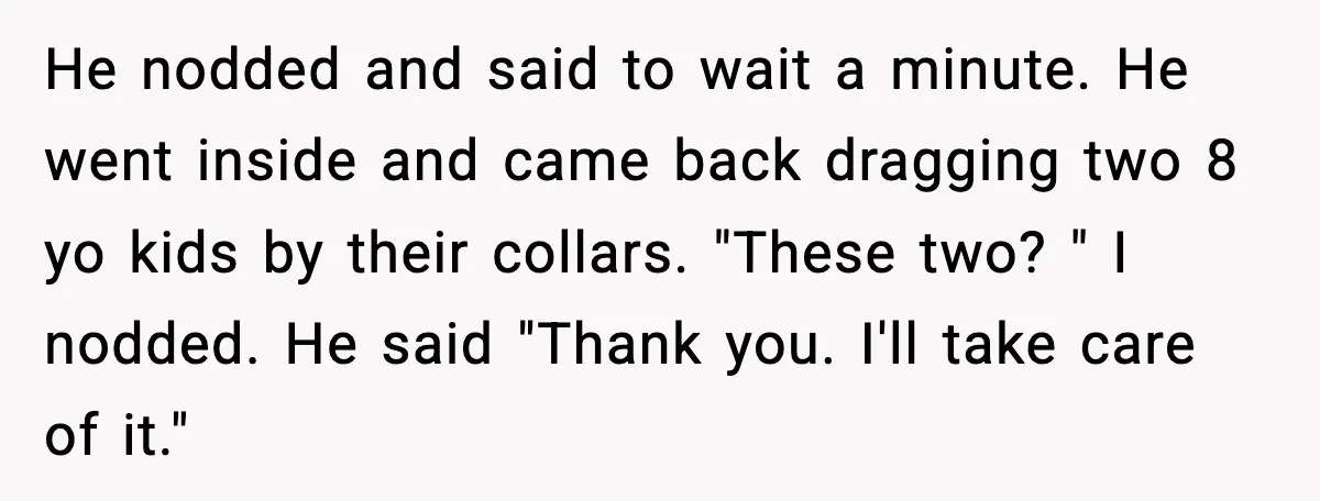 He nodded and said to wait a minute. He went inside and came back dragging two 8 yo kids by their collars. "These two? " I nodded. He said "Thank...
