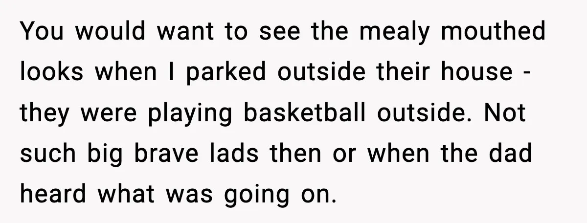You would want to see the mealy mouthed looks when I parked outside their house - they were playing basketball outside. Not such big brave lads then or when the...
