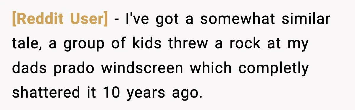 [Reddit User] − I've got a somewhat similar tale, a group of kids threw a rock at my dads prado windscreen which completly shattered it 10 years ago.