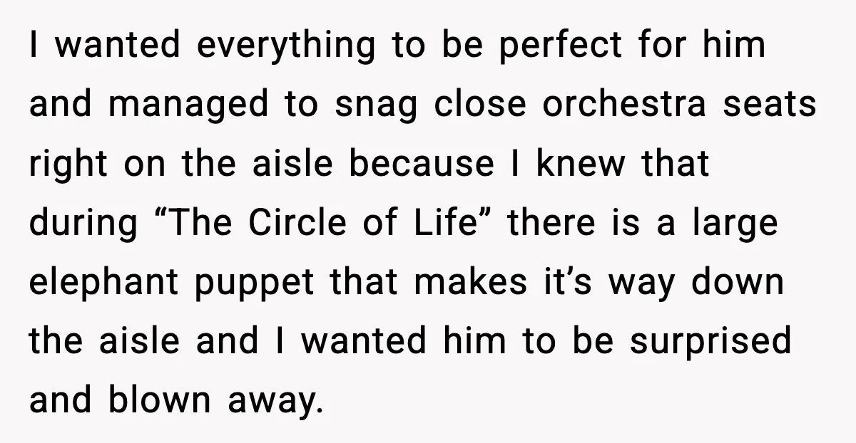 I wanted everything to be perfect for him and managed to snag close orchestra seats right on the aisle because I knew that during “The Circle of Life” there is...