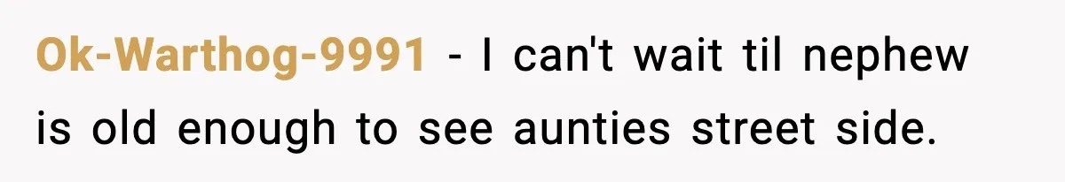 Ok-Warthog-9991 − I can't wait til nephew is old enough to see aunties street side.