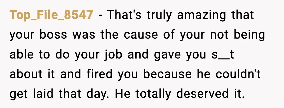 Top_File_8547 − That's truly amazing that your boss was the cause of your not being able to do your job and gave you s__t about it and fired you because...