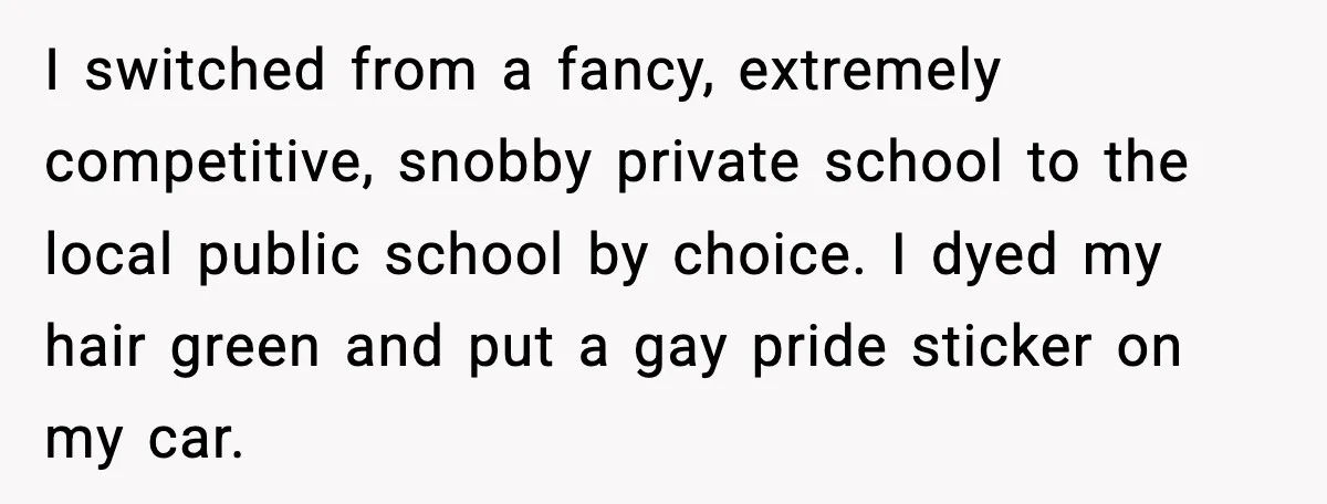 I switched from a fancy, extremely competitive, snobby private school to the local public school by choice. I dyed my hair green and put a gay pride sticker on my...