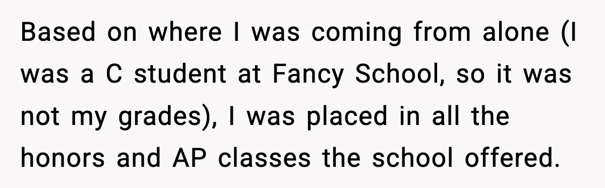Based on where I was coming from alone (I was a C student at Fancy School, so it was not my grades), I was placed in all the honors and...