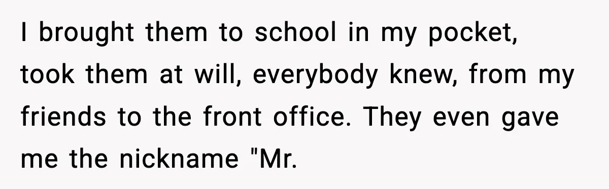 I brought them to school in my pocket, took them at will, everybody knew, from my friends to the front office. They even gave me the nickname "Mr.