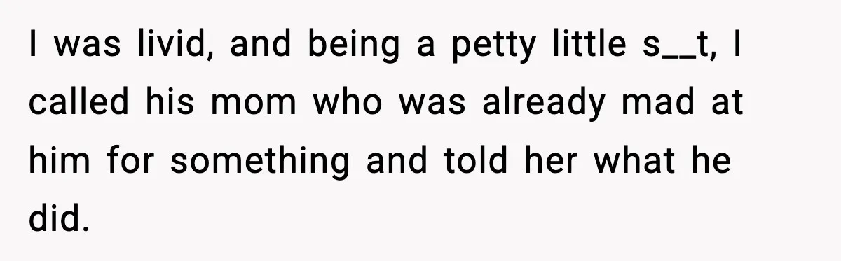 I was livid, and being a petty little s__t, I called his mom who was already mad at him for something and told her what he did.