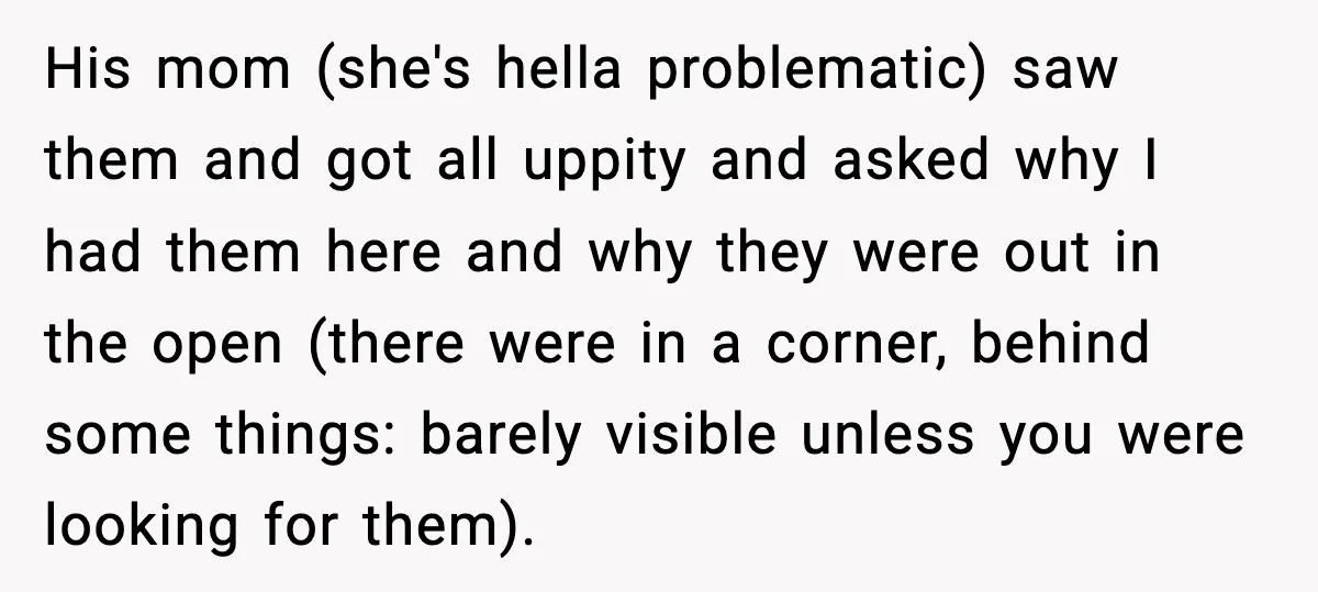 His mom (she's hella problematic) saw them and got all uppity and asked why I had them here and why they were out in the open (there were in a...