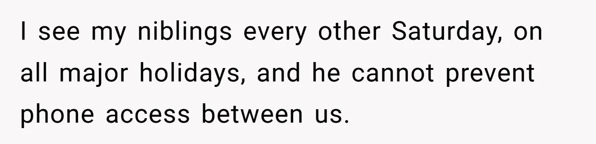 I see my niblings every other Saturday, on all major holidays, and he cannot prevent phone access between us.