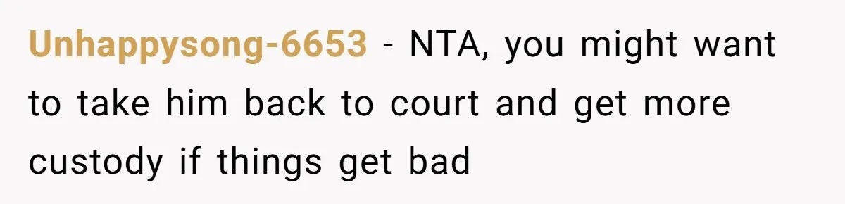 Unhappysong-6653 − NTA, you might want to take him back to court and get more custody if things get bad