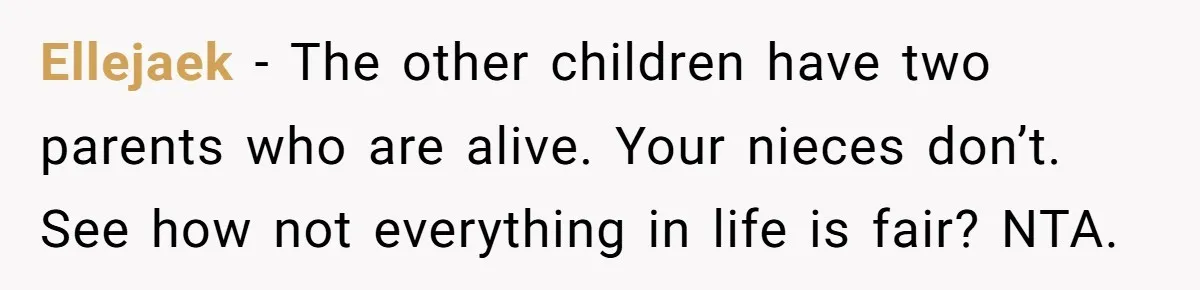 Ellejaek − The other children have two parents who are alive. Your nieces don’t. See how not everything in life is fair? NTA.