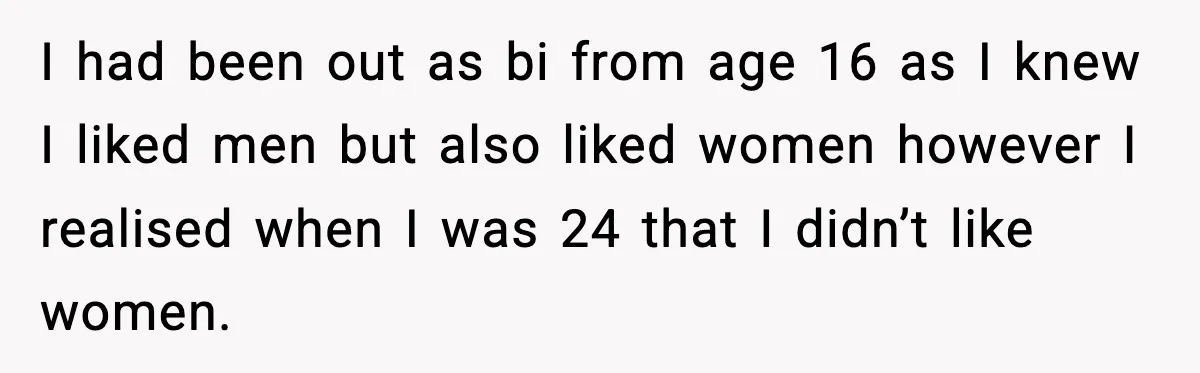 I had been out as bi from age 16 as I knew I liked men but also liked women however I realised when I was 24 that I didn’t like...