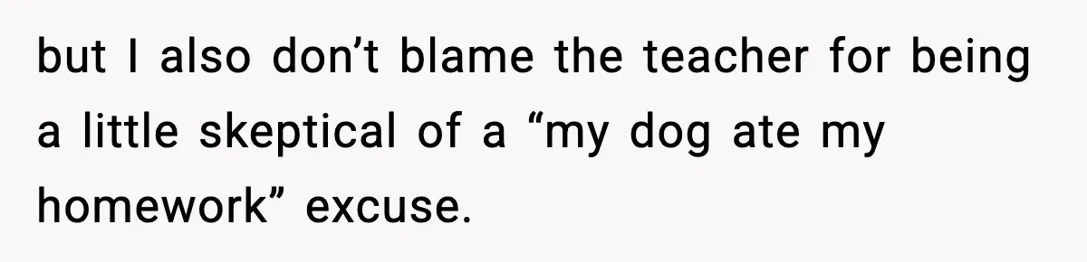 but I also don’t blame the teacher for being a little skeptical of a “my dog ate my homework” excuse.
