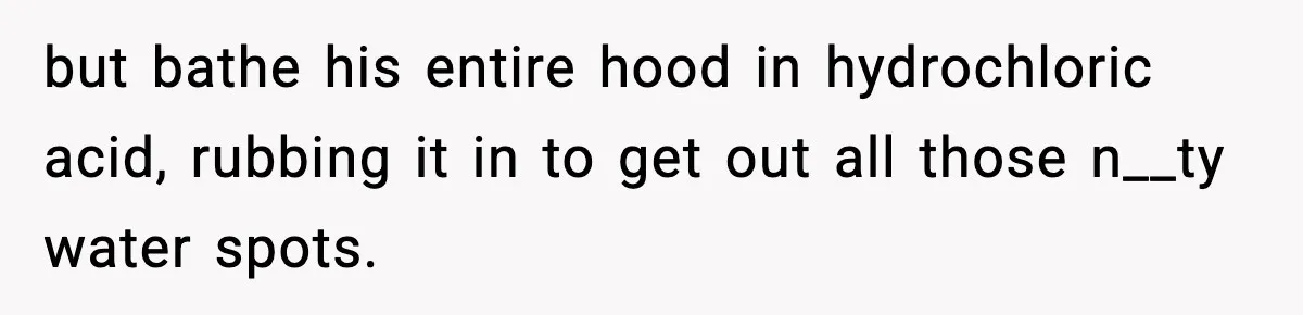 Crew Blocks His Concrete Job, Then Asks To Use His “Truck Wash”, So He Lets Them Ruin Their Cars but bathe his entire hood in hydrochloric acid, rubbing it in to get out all those n__ty water spots.