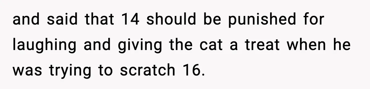 and said that 14 should be punished for laughing and giving the cat a treat when he was trying to scratch 16.