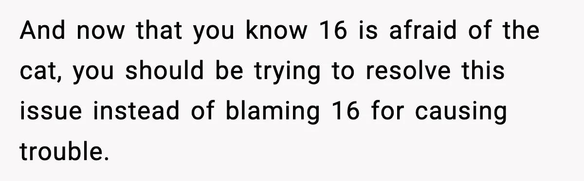 And now that you know 16 is afraid of the cat, you should be trying to resolve this issue instead of blaming 16 for causing trouble.