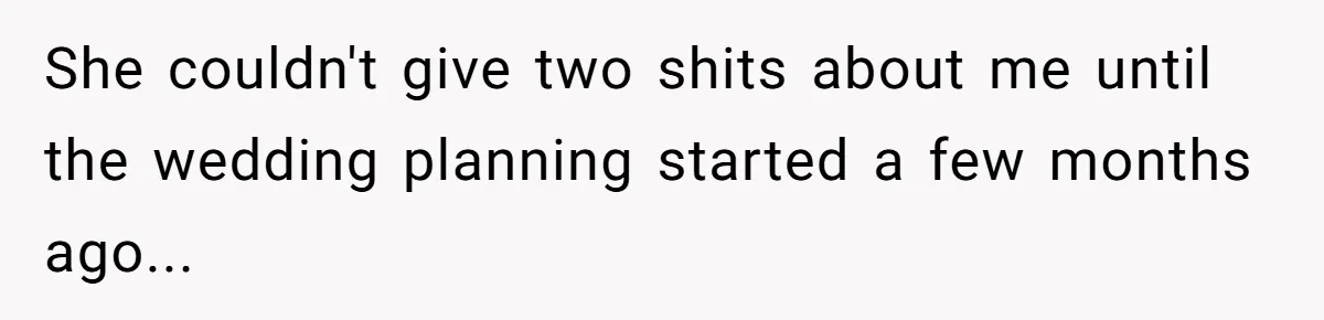 She couldn't give two shits about me until the wedding planning started a few months ago...