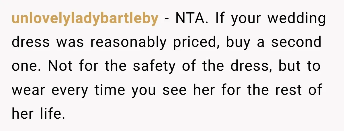 unlovelyladybartleby − NTA. If your wedding dress was reasonably priced, buy a second one. Not for the safety of the dress, but to wear every time you see her for...