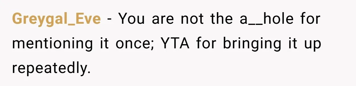 Greygal_Eve − You are not the a__hole for mentioning it once; YTA for bringing it up repeatedly.