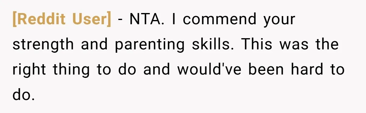 [Reddit User] − NTA. I commend your strength and parenting skills. This was the right thing to do and would've been hard to do.