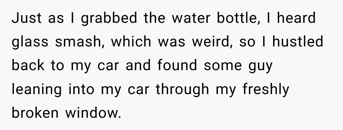 Just as I grabbed the water bottle, I heard glass smash, which was weird, so I hustled back to my car and found some guy leaning into my car through...