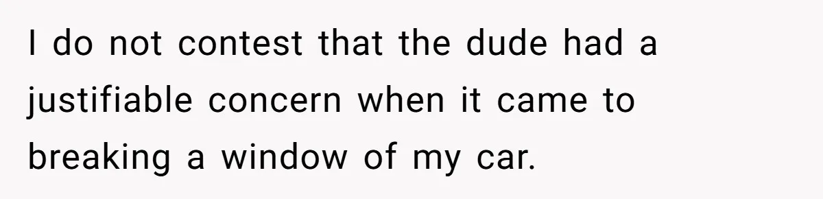 I do not contest that the dude had a justifiable concern when it came to breaking a window of my car.