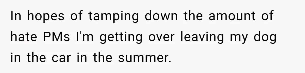 In hopes of tamping down the amount of hate PMs I'm getting over leaving my dog in the car in the summer.
