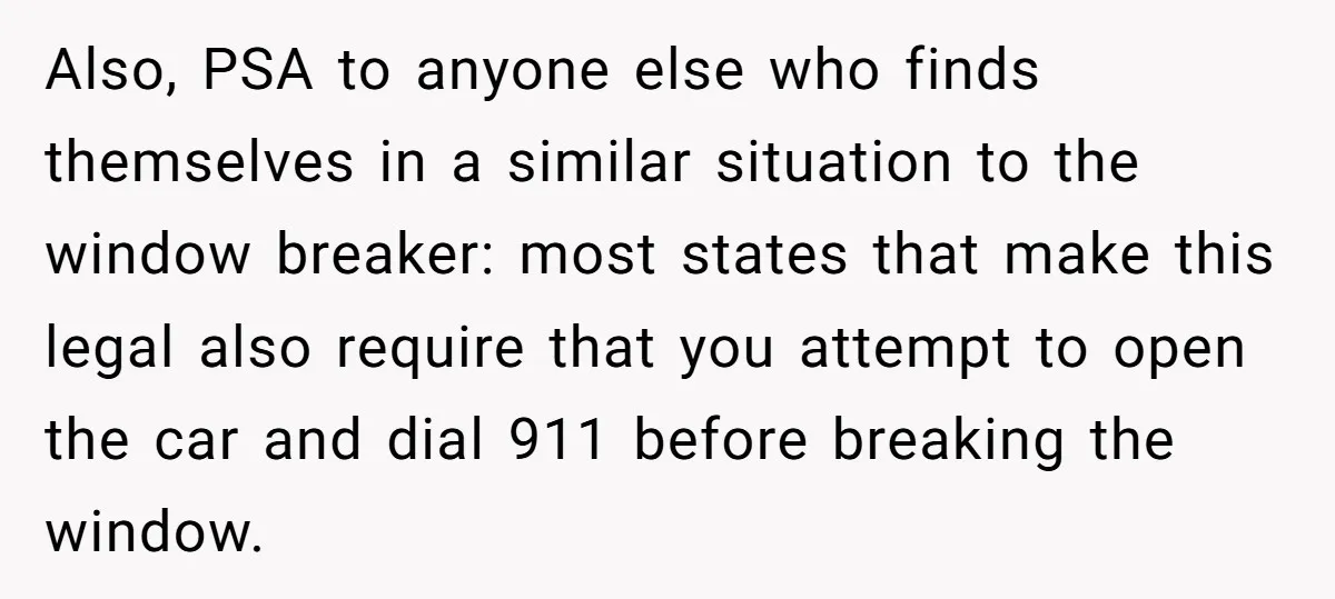 Also, PSA to anyone else who finds themselves in a similar situation to the window breaker: most states that make this legal also require that you attempt to open the...