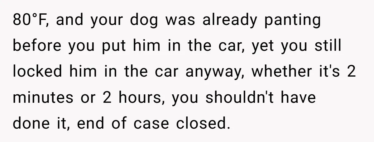 80°F, and your dog was already panting before you put him in the car, yet you still locked him in the car anyway, whether it's 2 minutes or 2 hours,...