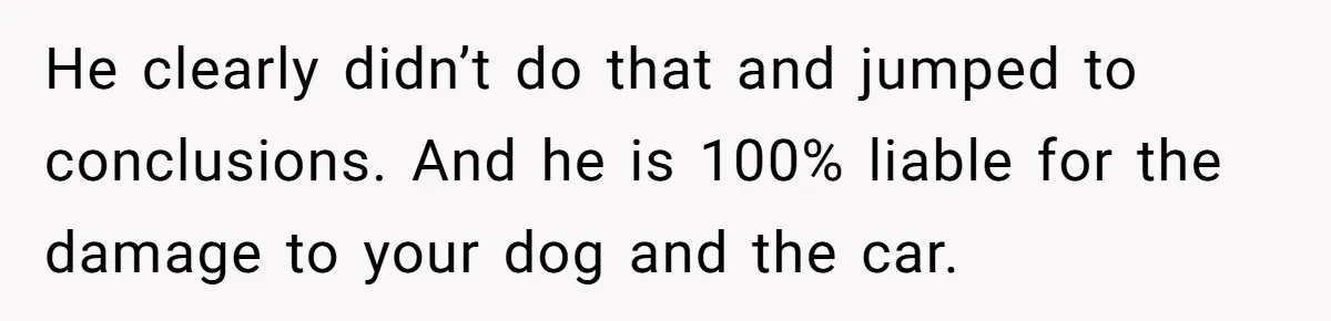 He clearly didn’t do that and jumped to conclusions. And he is 100% liable for the damage to your dog and the car.
