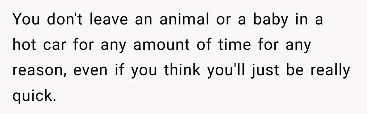 You don't leave an animal or a baby in a hot car for any amount of time for any reason, even if you think you'll just be really quick.