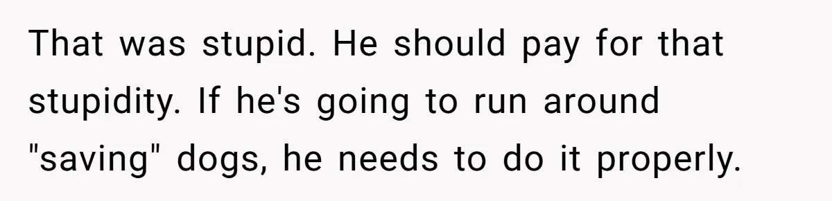 That was stupid. He should pay for that stupidity. If he's going to run around "saving" dogs, he needs to do it properly.